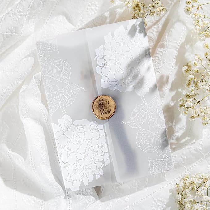 50 Pack Pre-Folded Vellum Jackets for 5x7 Invitations,AZAZA Elegant Translucent Invitation Sleeves,115GSM Vellum Jackets 5x7, Wedding Invitation Accessories, for Weddings Birthdays, Hydrangea Floral