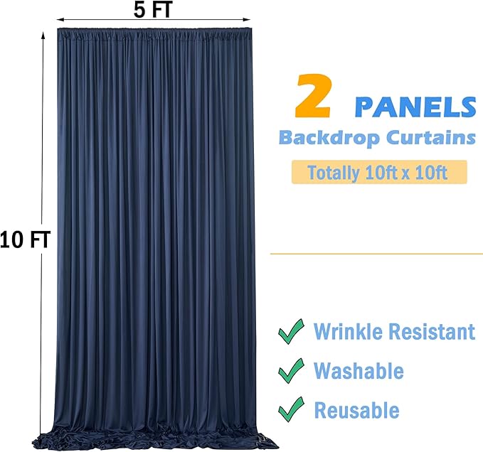 10x10ft Wrinkle Free Navy Blue Backdrop Curtains for Party Background, Silky Polyester Blue Photo Backdrop Drapes 2 Panels 5x10ft Back Drop Cloth for Wedding Birthday Photography Baby Shower Decor