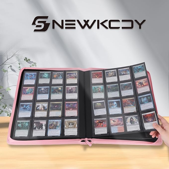 Snekdy premium 1024-pocket trading card binder, 16-pocket cards album, waterproof PU-leather Cover album with side loading, holds gaming, baseball, basketball & sports cards (Pink)
