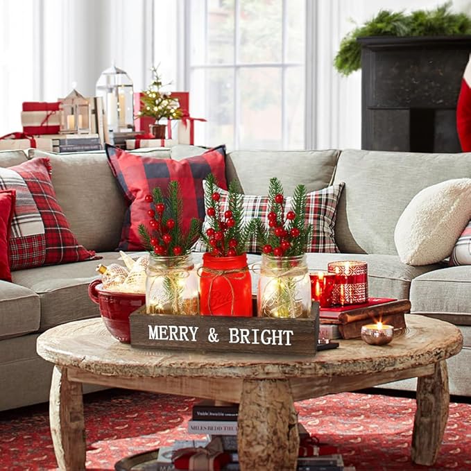 DIYDEC 3PCS Christmas Mason Jars 3*5Inch lighting Painted Xmas Tiered Tray Decorative Jars with Wood Tray &Artificial Flowers Wishing Bottles for Winter Holiday Home Table Centerpiece Decor Gift (Red)