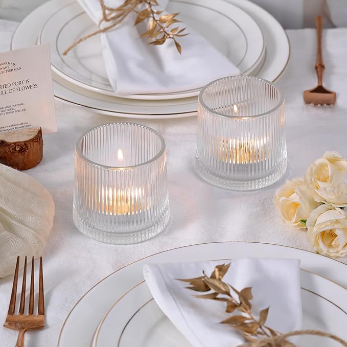 DARJEN Clear Ribbed Tealight Votive Candle Holders Set of 10- Tea Light Candle Holder Glass for Table Centerpiece, Engagement Parties, Birthday Parties & Wedding Shower