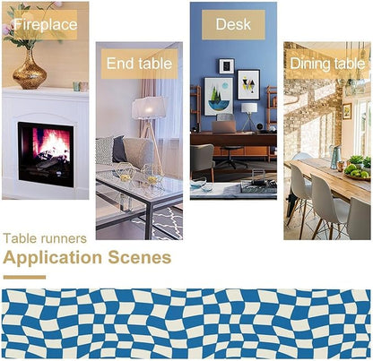 Table Flag Retro Plaid 60s70s Blue Plaid Table Flag Kitchen Restaurant Decoration Suitable for Indoor and Outdoor Festival Home Wedding Party Table Flag 13x120