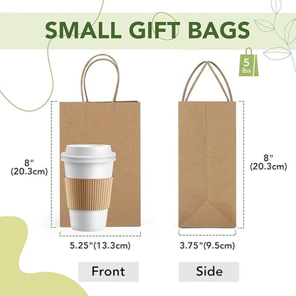MESHA Kraft Gift Bags 200 Pack 5.25x3.75x8 Inch Small Brown Paper Bags with Handles Bulk for Small Business,Birthday,Party,Wedding,Retial,Shopping Bag