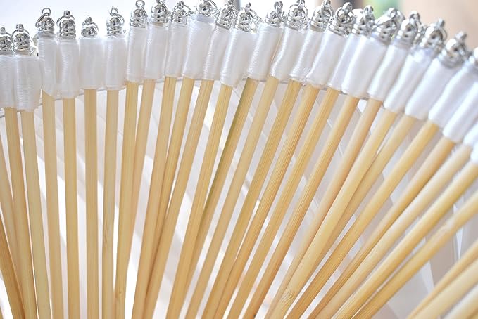 Kingsnow 100 Pieces Lace Wedding Ribbon Wands with Triple Ribbon and Silver Bell Wand Silk Fairy Stick Wand Streamers Party Ribbon Sticks Magic Fairy Wands for Wedding Bridal Shower Photo Prop Send