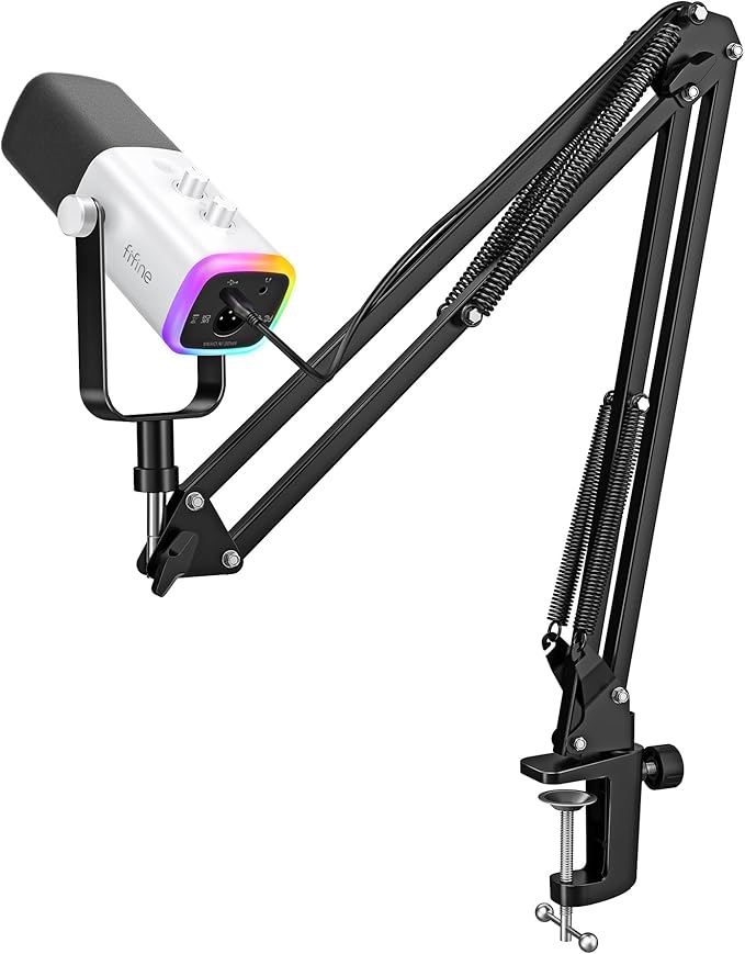 FIFINE Gaming XLR/USB Microphone Kit, Streaming Dynamic Mic Set for PC, Computer Mic for Vocal Podcast Recording Voiceover, with Headphones Jack, Gain Knob, Arm Stand-AmpliGame AM8T White