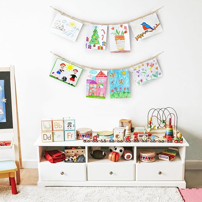 Mkono Hanging Photo Display with Clips, Boho Wooden Bead Garland Banner, Collage Card Picture Kids Art Holder String with 10 Clips for Christmas Bedroom Dorm Decor, Teen Girl Gifts, Brown, 2 Pack