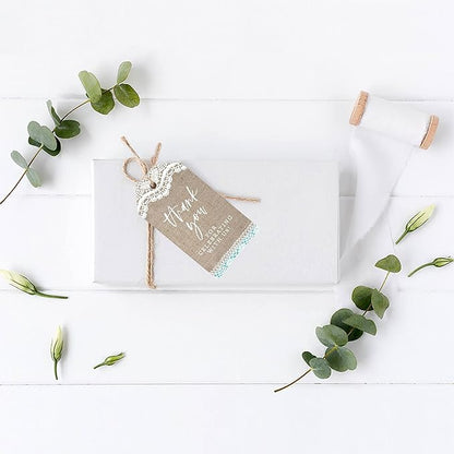 Andaz Press 100-Pack Thank You for Celebrating with Us Favor Tags Burlap Lace Cardstock Gift Tags with Bakers Twine for Wedding Baby Shower Bridal Shower Birthday Party Favors 2 x 3.75-Inches