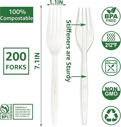 MISISIPI [7.1In 200Pcs] 100% Compostable Forks Biodegradable Forks HeavyDuty No Plastic Forks Eco-friendly HeavyWeight Disposable Forks Tableware Set for Lounge,Party,BBQ,Cafeteria,Wedding,Picnic