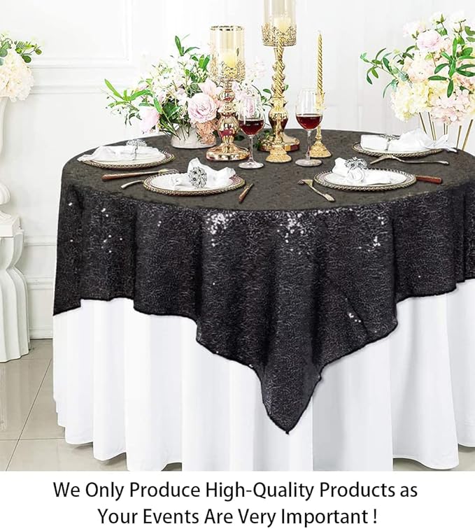 ShinyBeauty Sequin Tablecloth Black 72''x72'' Square Black Glitter Table Cover for Parties Wedding Event Decor Sparkley Tablecloth Kitchen Linen