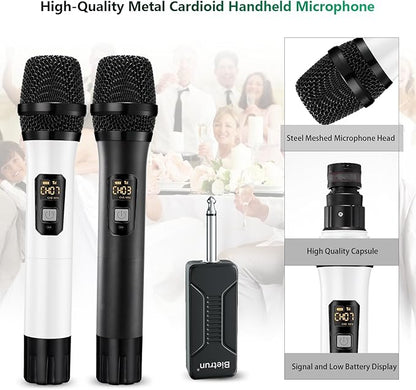 Wireless Microphone, Bietrun UHF Metal Dual Handheld Cordless Dynamic Mic System with Rechargeable Receiver, 1/4‘’Output, for Karaoke, Church, Speech, Wedding, Party Singing(160 ft Range)-Auto Connect