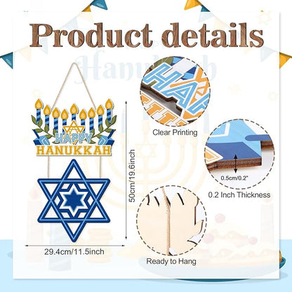 CHDITB Happy Hanukkah Shalom Front Door Sign(12"x20"), Wooden Jewish Festival of Light Blue Menorah Star of David Decoration Wall Hanging, Farmhouse Rustic Chanukah Judaism Christmas Winter Holiday Thanksgiving Gifts Decor for Home Party