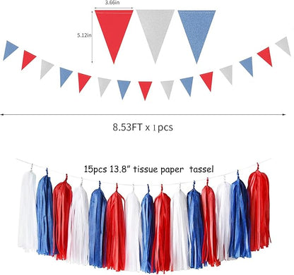 Fourth-4th of July Imemorial-Day Party-Decorations - 23pcs Red White Blue Graduation Banner, USA Patriotic Tassel Garland Streamers, Paper Tissue Pom Poms, America Independence Decor Lasting Surprise