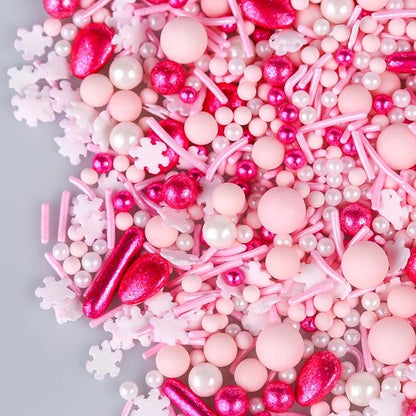 Pink Sprinkles for Cake Decorating 7oz - Snowflake Sprinkles - Metallic Sprinkle Mix for Cookies, Ice Cream, Cupcakes Topper - Rose Gold Sprinkles for Princess Bridal Shower Wedding Party