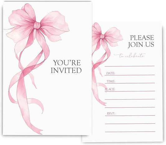 Pink Bow Birthday Invitations for Girls, Elegant Bow Birthday Party Invitaions for Girls Coquette Party Invites, 4x6 Inches, 30 Sets with Envelopes