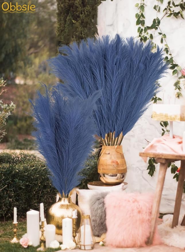 35" Faux Pampas Grass Decor, 8pcs Large Tall Fluffy Artificial Pompous Grass Branches Floral Fake Pompas Grass Bulrush Floor Vase Filler Flower Arrangement for Home Wedding Boho Decor - Blue