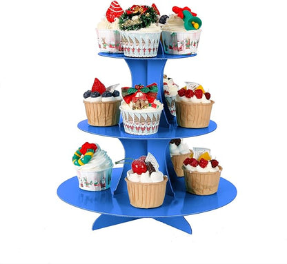 3-Tier Cupcake Stand, Cake Stand holder, Tiered DIY Cupcake Stand Tower for Dessert Table Displays, Birthday Theme Party Favors Decoration, Floral Tea Party, 12" W x 12.8" H, Blue