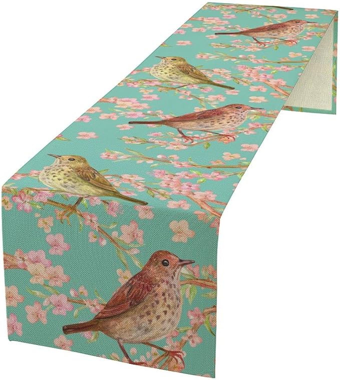 Table Runner with Flowers and Birds, Spring Plant Flowers Table Decoration Linen Table Runner Family Party Party Decorations 13x90 Inches