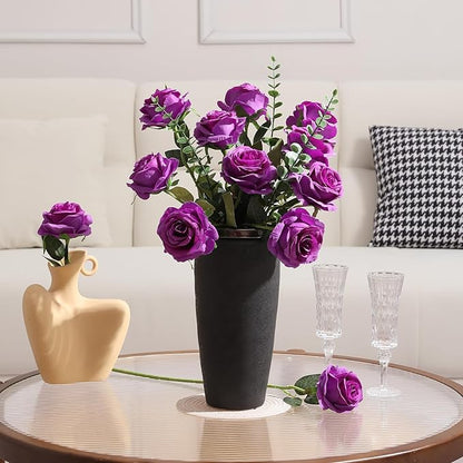 Tifuly Purple Roses Artificial Flowers - 12 pcs Realistic Single Long Stem Fake Silk Roses Bouquet for Party Home Wedding Centerpiece Office DIY Decor