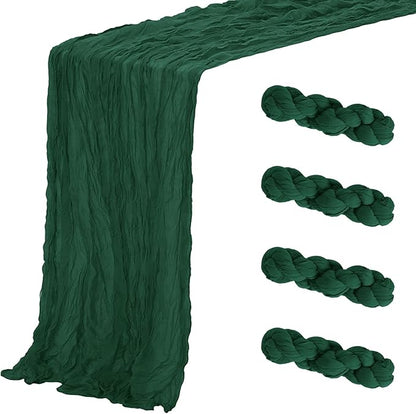 Aktor 4 Pack Emerald Green Table Runner Boho Cheesecloth Table Runner Semi Sheer Gauze Fabric Runners for Wedding Birthday Baby Shower Party Boho Table Decoration（Emerald Green）