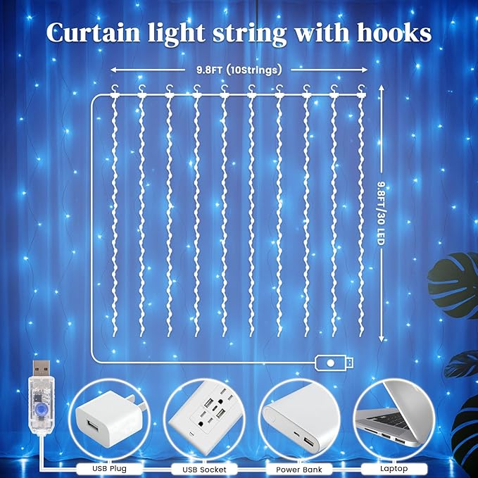 DomeStar 300 LED Fairy Curtain Lights, 9.8ft x 9.8ft Battery Operated with 8 Modes Remote Christmas Waterproof String Hanging Lights for Bedroom Patio Garden Party Wedding Wall Decor (Blue)