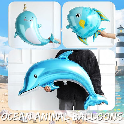 Nautical Balloon Arch Kit,154Pcs Navy Blue Sand White Gold Balloon Garland with Tropical Fish,Whale,Dolphin Foil Balloons for Sea Sailing Nautical Baby Shower Ocean Animals Birthday Party Decorations