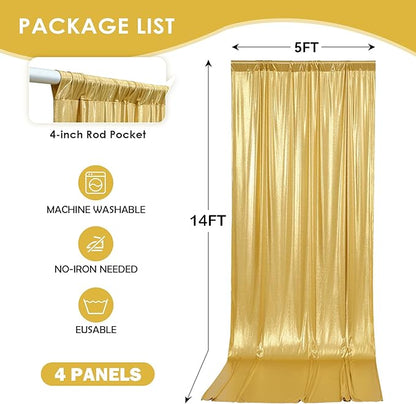 gogoparti 20x14FT Gold Sequin Backdrop Curtain - 4 Panels of 5x14FT Wrinkle-Free Reusable Glitter Drapes for Photography, Weddings, Birthdays & Parties