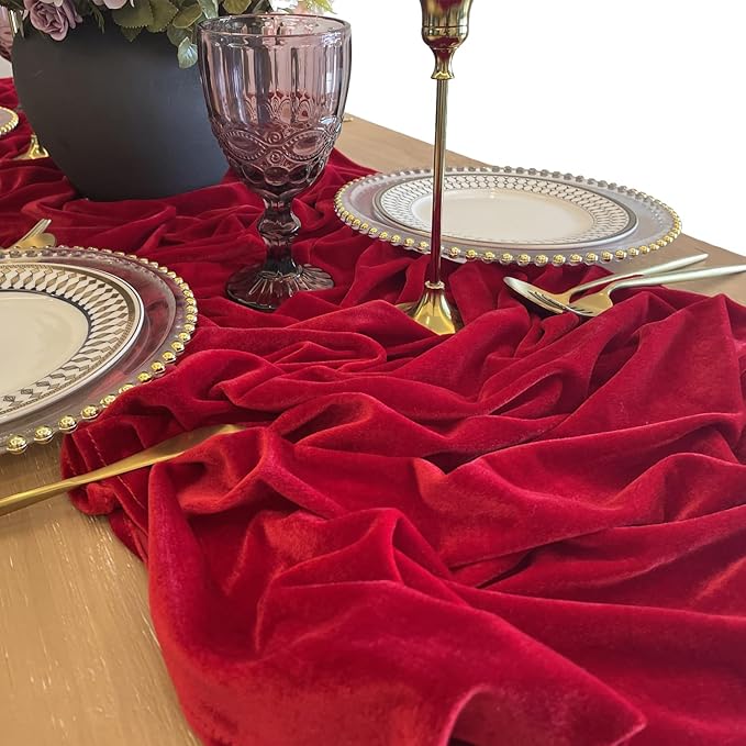 Velvet Table Runner, 10ft Luxurious Wedding Reception Decorations Soft Velvet Fabric Table Linen Overlay for Party (20 x 120 inch, Red)