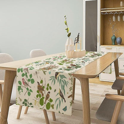 Vintage Bird Flower Table Runner Seasonal Spring Summer Garden Plants Farmhouse Country Kitchen Dining Table Decoration for Home Party Holiday 13"x120"