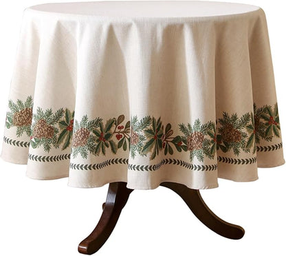 ISAENNE Designer Christmas Linen Round Tablecloth,Light Beige Western Elegant Table Cloth,Wrinkle Resistant Decor Tablecloths for Dining Thanksgiving Kitchen Christmas,Diameter 67"-Carol G