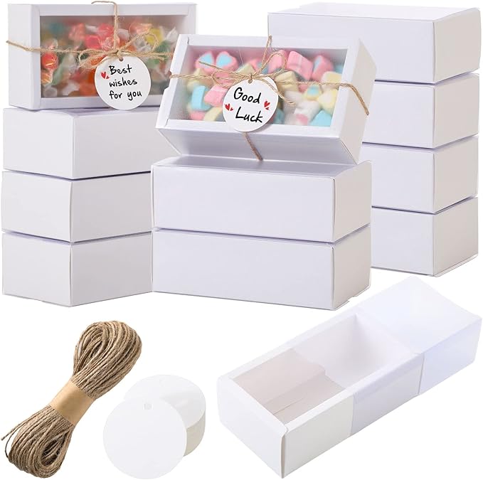 Roowest 50 Sets Kraft Soap Boxes Rectangle Packaging Box with Window Homemade Gift Box with Blank Tags and Jute String for Jewelry Candy Wrapping Party Favor(6.3 x 3.5 x 2 Inch,White)