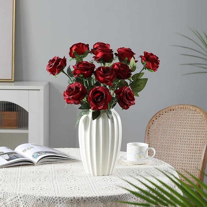 Tifuly 12pcs Red Roses Artificial Flowers,Realistic Long Stem Fake Silk Roses Bouquet for Party Home Wedding Centerpiece Office DIY Decor（Burgundy）