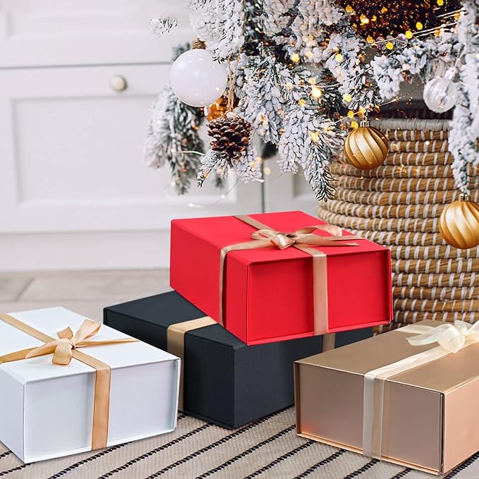 LIFELUM Extra Large Black Gifts Boxes Bulk Set of 5,13.5 x 10 x 4 inch Elegant Gift Boxes with Magnetic Lids, Card,Sticker,Ribbon, Shredded Paper Filler Groomsman Gifts
