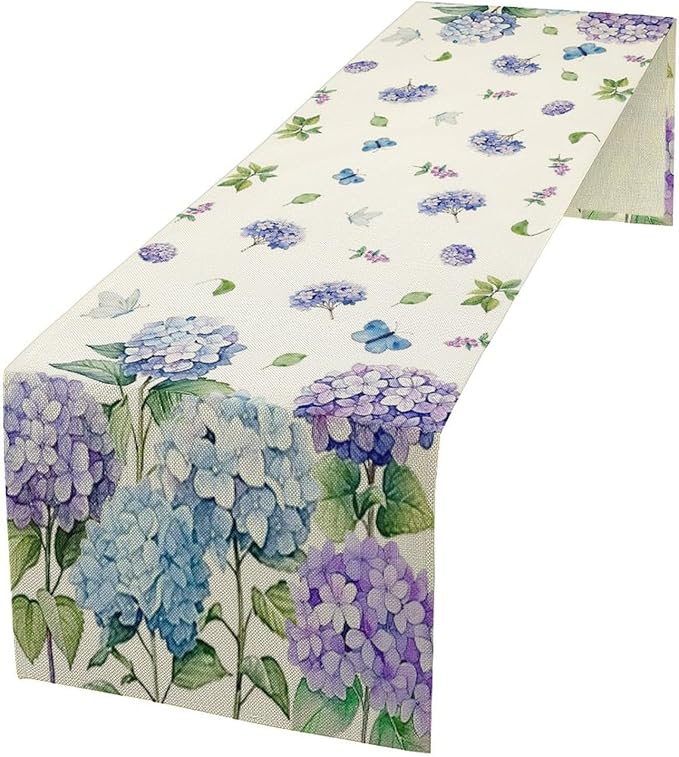 Spring Hydrangea Flower Table Runner, Seasonal Summer Plants Watercolor Florals Butterfly Dinner Runner for Home Kitchen Dining Table Party Holiday Decoration 13"x108"