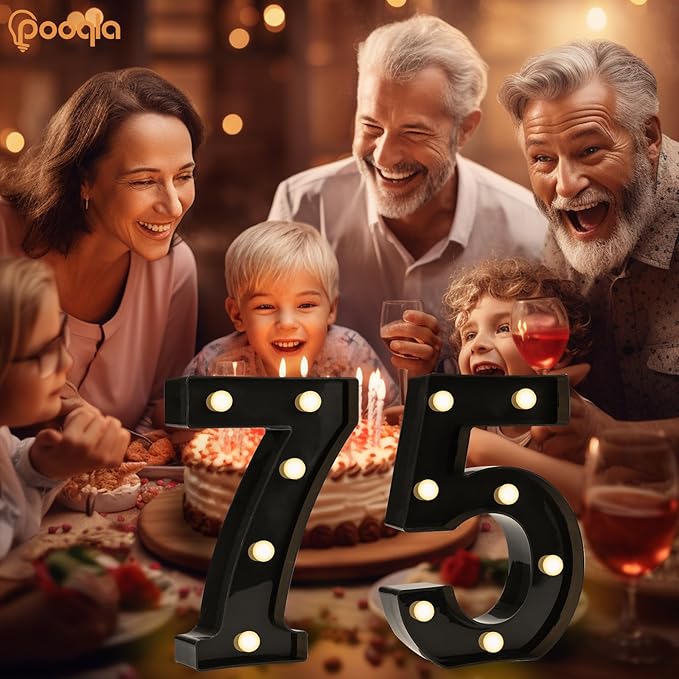 Pooqla Decorative Led Light Up Number Letters, Black Plastic Marquee Number Lights Sign for 75th Birthday Party Wedding Decor Battery Operated Black Decoration 75