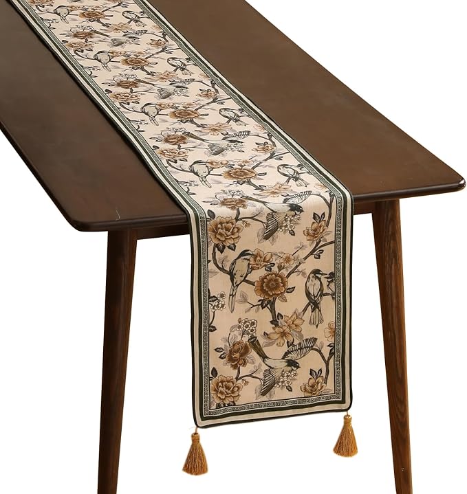 ISAENNE Designer Vintage Beige Linen Table Runner 71 Inches Long,Elegant Floral and Bird Pattern Decor Table Runners for Dining Tables,Thanksgiving,Christmas,Banquet,Party,12"*71"-Murad A