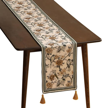 ISAENNE Designer Vintage Beige Linen Table Runner 118 Inches Extra Long,Elegant Floral and Bird Pattern Decor Table Runners for Dining Tables,Thanksgiving,Christmas,Banquet,Party,12"*118"-Murad A
