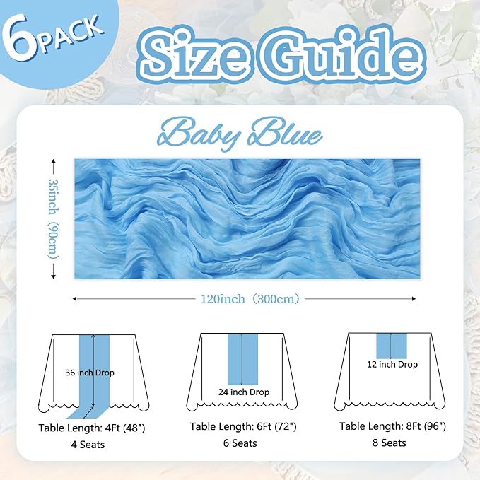 6 Pack Baby Blue Fall Table Runner 10ft Boho Gauze Fabric Cheesecloth Table Runner 35 x 120 Inch Rustic Sheer Runner for Romantic Wedding Decor Baby Shower Party Table Centerpiece Decorations