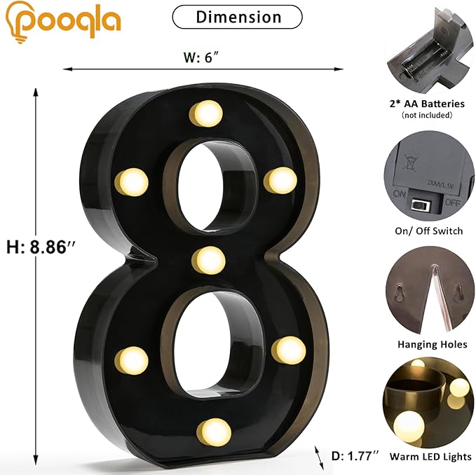 Pooqla Decorative Led Light Up Number Letters, Black Plastic Marquee Number Lights Sign for 8th 18th 80th Birthday Party Wedding Decor Battery Operated Black Decoration 8