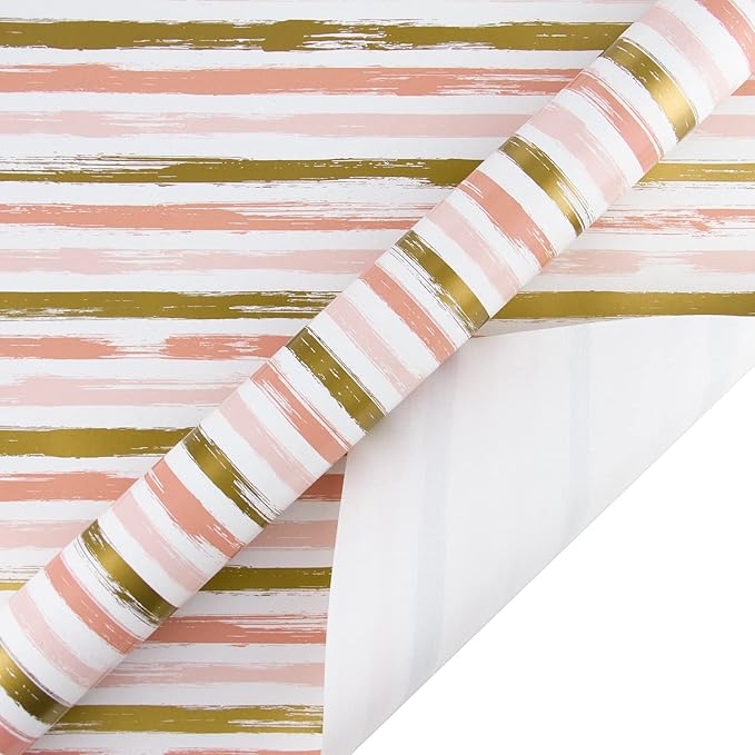 WRAPAHOLIC Reversible Pink Wrapping Paper - Mini Roll - 17 Inch X 33 Feet - Pink Gold Lines and Solid Pink Design for Girls Birthday, Baby Shower, Wedding, Bridal Shower