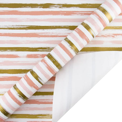 WRAPAHOLIC Reversible Pink Wrapping Paper - Mini Roll - 17 Inch X 33 Feet - Pink Gold Lines and Solid Pink Design for Girls Birthday, Baby Shower, Wedding, Bridal Shower