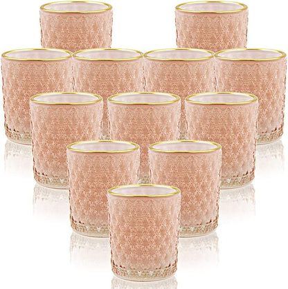 SHMILMH Pink Votive Candle Holders Set of 24, Pink Christmas Table Centerpiece Glass Tealight Holders Bulk with Gold Rim, Tea Candle Holder for Birthday Wedding Decor