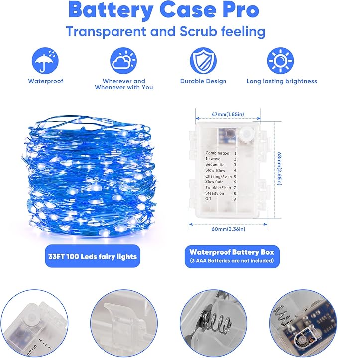 1 Pack 32.8 Ft. Battery Operated Outdoor String Lights with Remote & Timer, LED Blue Fairy Lights, Waterproof Twinkle Lights for Bedroom, Dorm, Mason Jar, Wedding, Party, Christmas