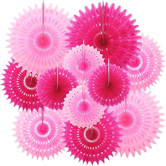 Outus 12 Pcs Hanging Honeycomb Paper Fans Sets, Fiesta Hot Pink Party Decorations, Tissue Paper Flowers Supplies for Birthday Wall Classroom Wedding Photo Backdrop (8/12/16 Inch)