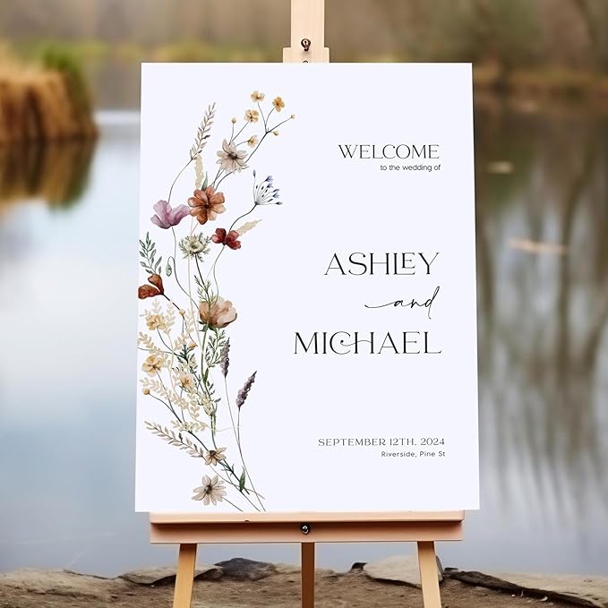 Welcome Wedding Sign Personalized, Wildflower Wedding Sign Decorations Signage 12" X 18" (Small), 27" (Medium), 36" (Large), Plastic, Modern, Pole Mount, Weather