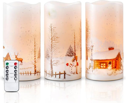 Homemory Christmas Flameless Candles Battery Operated with Snowman, Remote Control and Timers, Real Wax LED Pillar Candles for Rustic Country Home Farmhouse Cabin Decor, Set of 3, 3”x 6”
