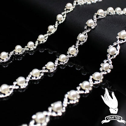 2 Yard Pearl Rhinestone Trim Chain Silver String Crystal Applique Fringe Ribbon Strips Beads Sewing Dress DIY Party Wedding Bouquet for Decoration Bridal Costume Embellishment