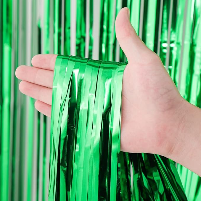 4 Pack Green Foil Fringe Backdrop Curtains, Tinsel Streamers Birthday Party Decorations, Fringe Backdrop for Graduation, Baby Shower, Gender Reveal, Disco Party