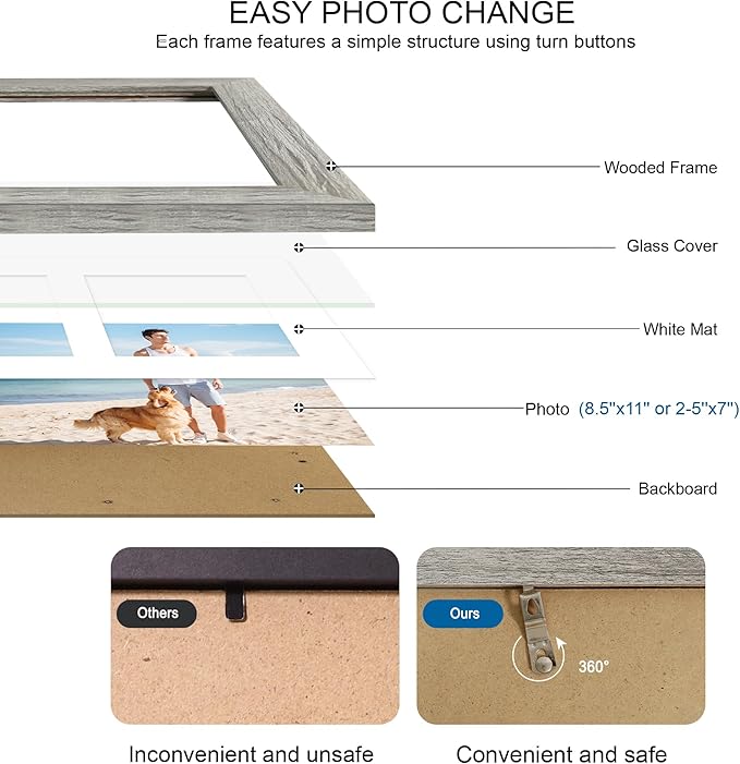 8.5x11 Picture Frame Set of 2, Gray Certificate Document Frames with Glass Collage Frame, Display Pictures Two 5x7 With Mat or 8.5 x 11 Without Mat - Horizontal or Vertical Wall Mounting