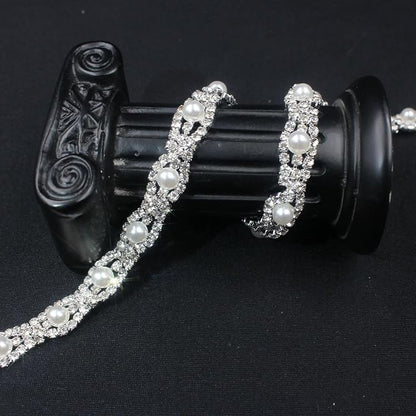 PEARLY JUN 1 Yard Pearl Rhinestone Trim Chain Silver Crystal Fringe Diamond Applique Ribbon String Tassel Strip for Sewing Wedding Dress Crafting Crafts Flower Embellishments