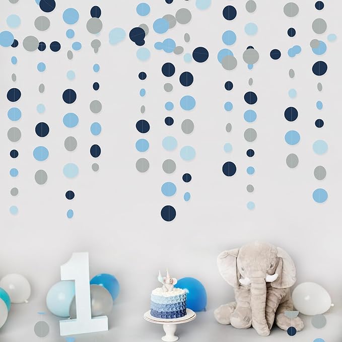 Dusty Blue Party Decorations Navy Blue Circle Dots Garland Gray Blue Hanging Paper Polka Dot Streamer for Wedding Baby Shower Engagement Bridal Shower Birthday Graduation Nautical Theme Party Supplies